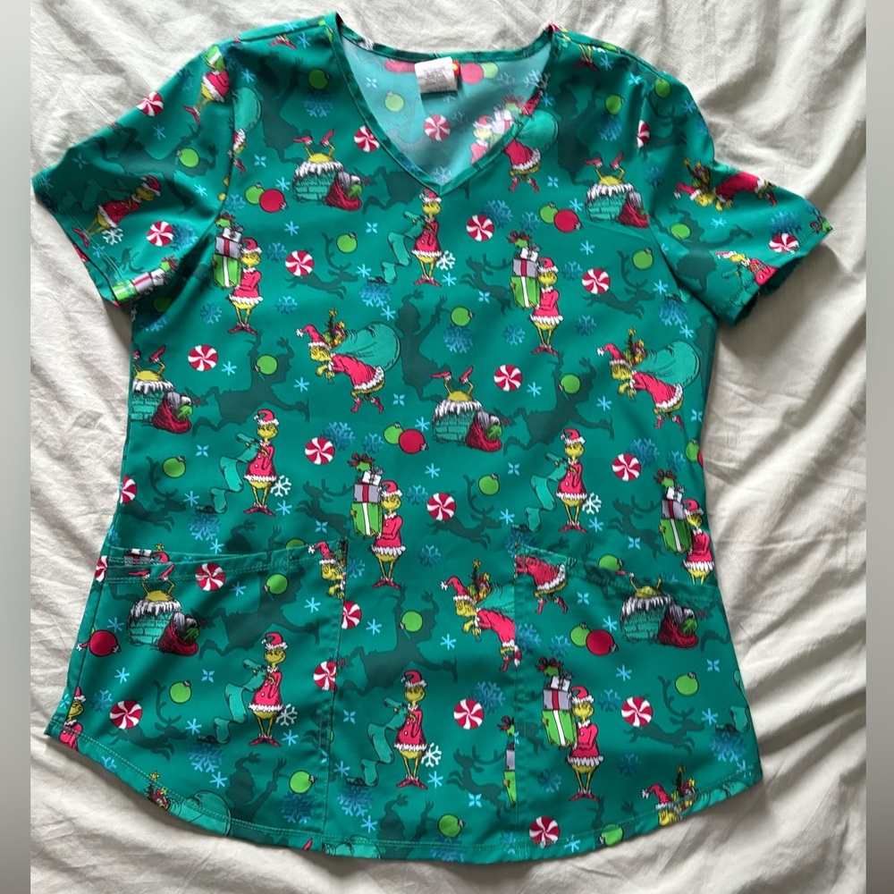 Festive Grinch Holiday Scrub Top